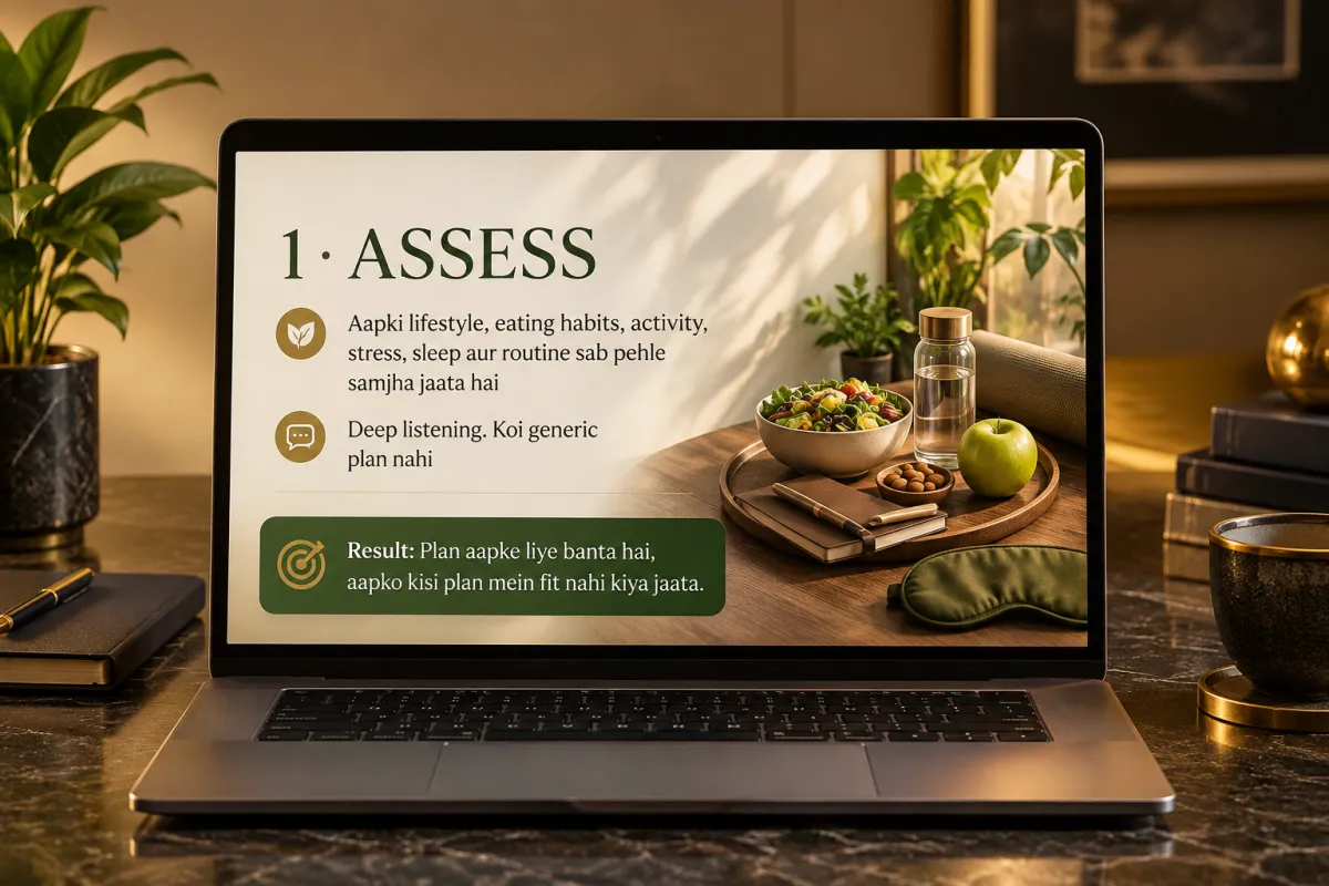 Indian woman consulting diagnostic reports with integrative wellness specialist in warm ambient clinic
