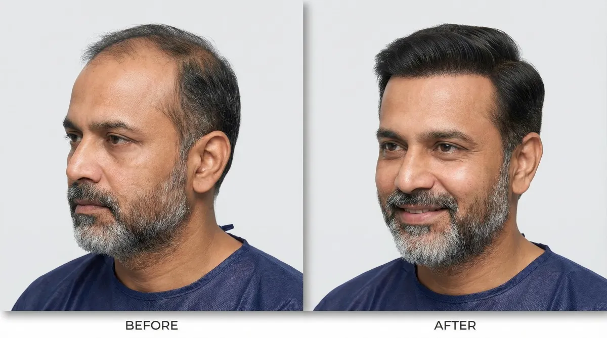 male hair transplant before and after results showing natural hairline restoration at iGraft clinic