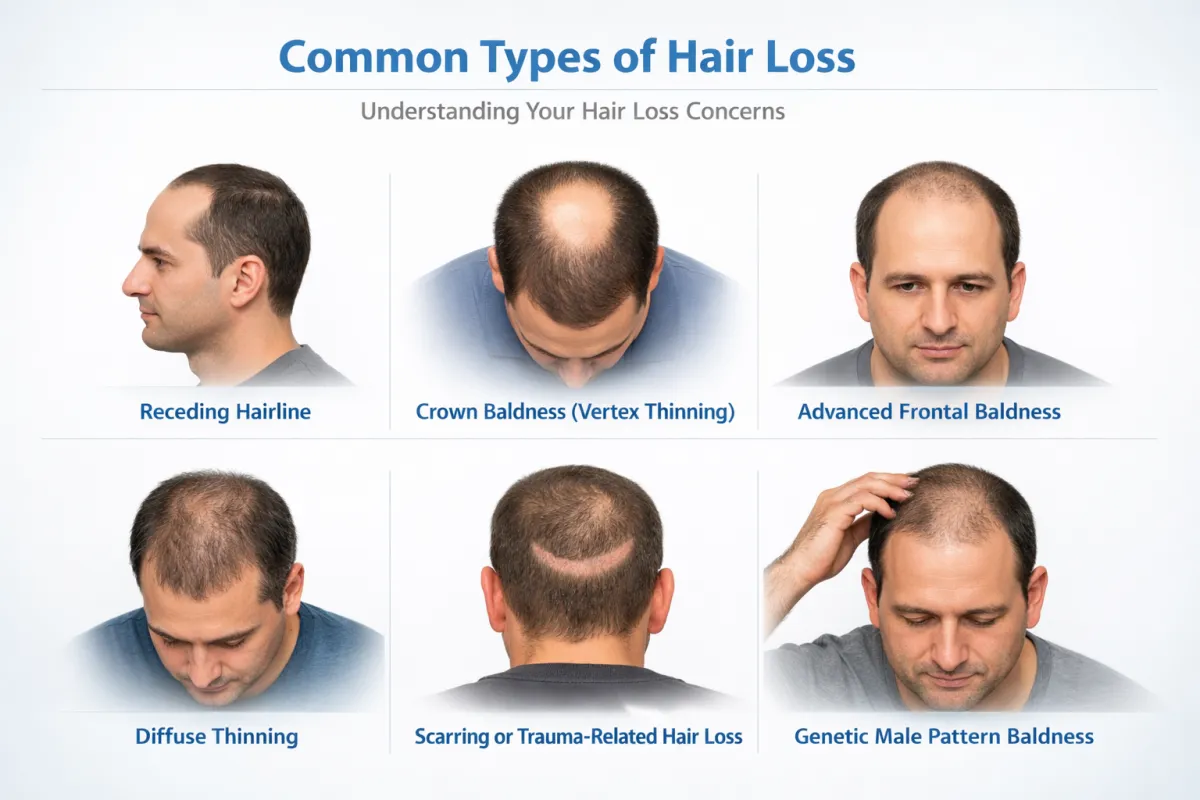 male hair loss conditions including receding hairline crown baldness and thinning treated with hair transplant at iGraft
