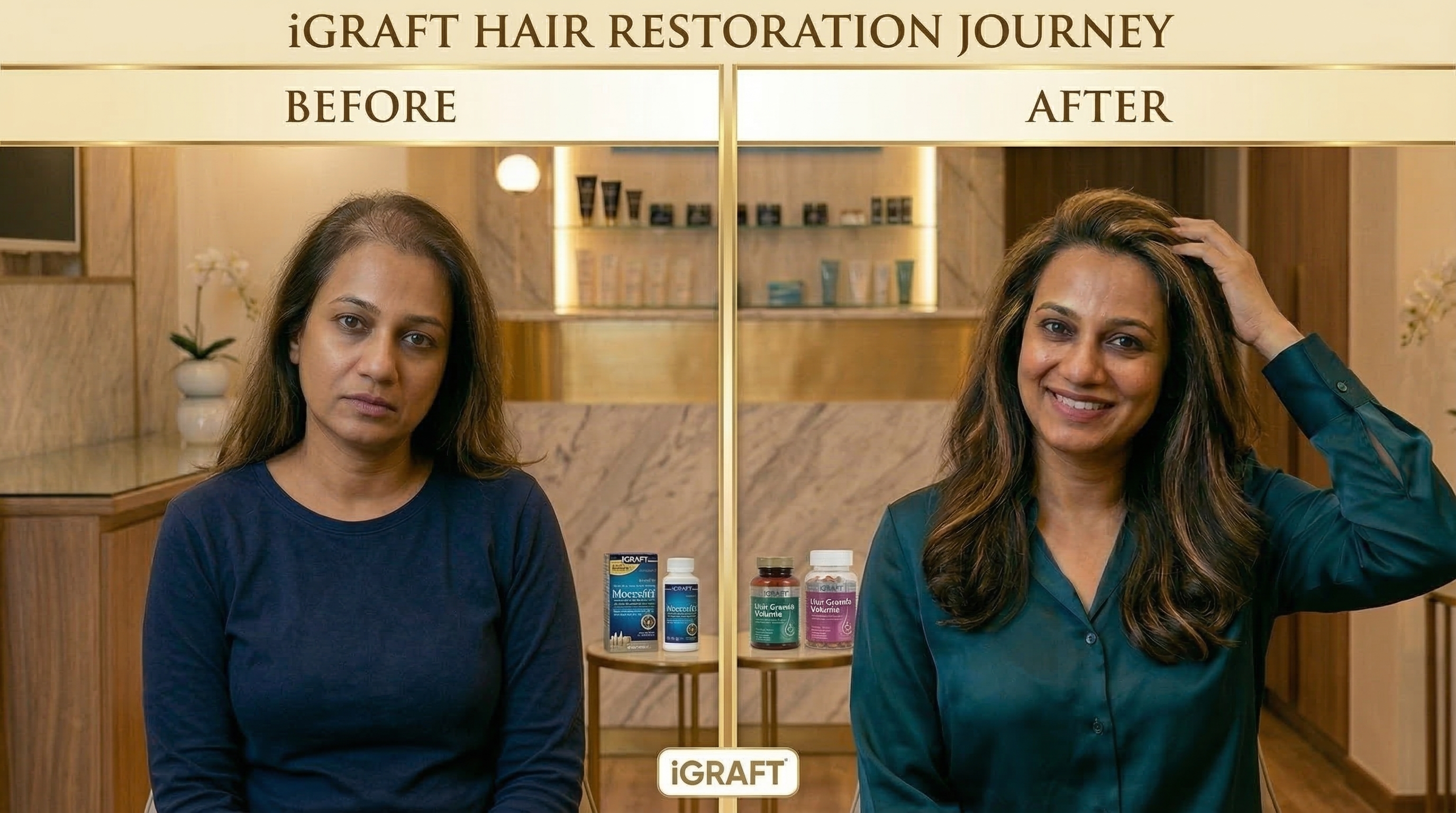 female hair transplant before and after results showing improved hair density and natural hairline