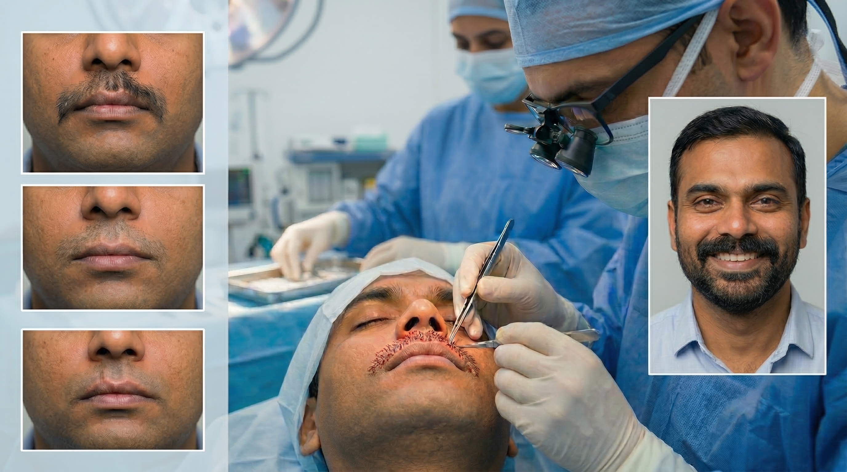 FUE moustache hair transplant procedure with natural upper lip hair restoration at iGraft clinic Pune