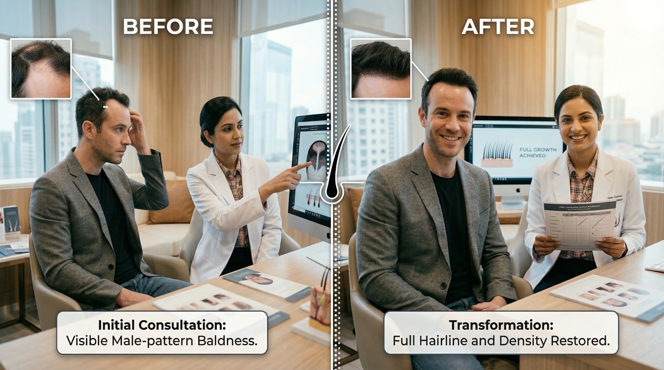Celebrity style natural dense hairline before and after hair transplant results at iGraft India