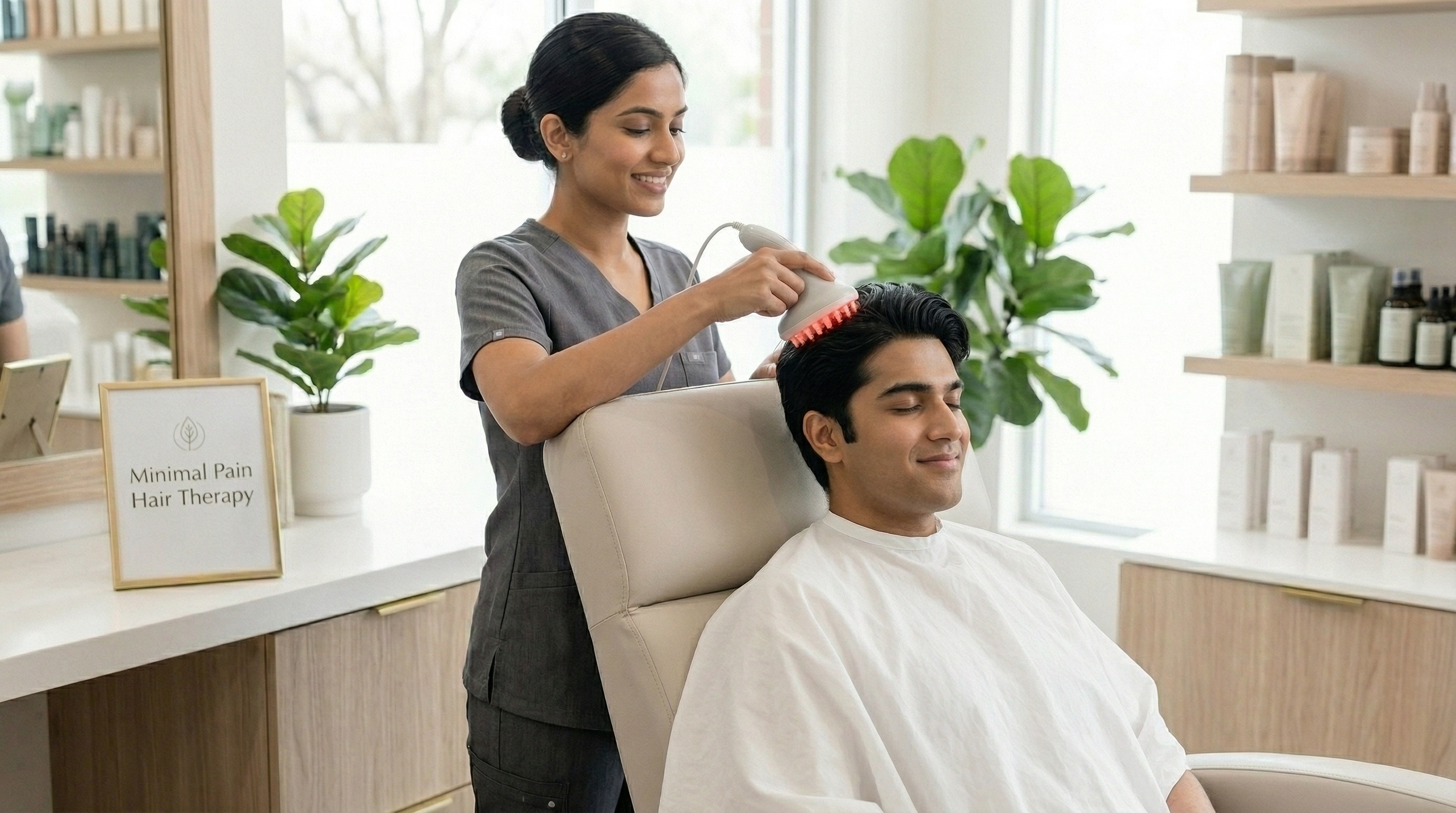 Patient undergoing minimal pain hair therapy for hair loss treatment — safe and effective hair transplant solution
