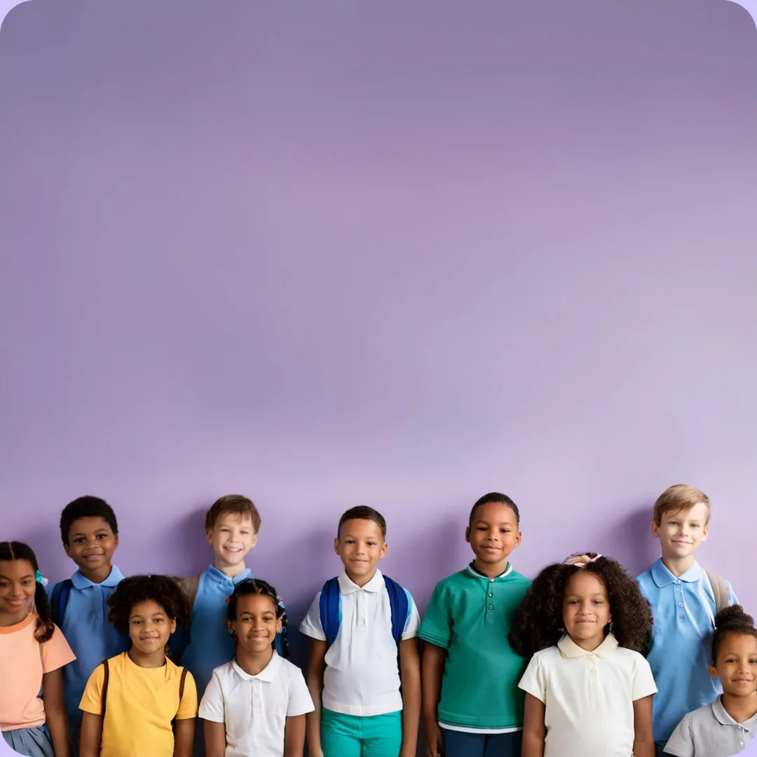 A diverse group of children standing against a purple background, representing Joy Tutoring’s inclusive learning services in Pinelands, Cape Town or online across South Africa.