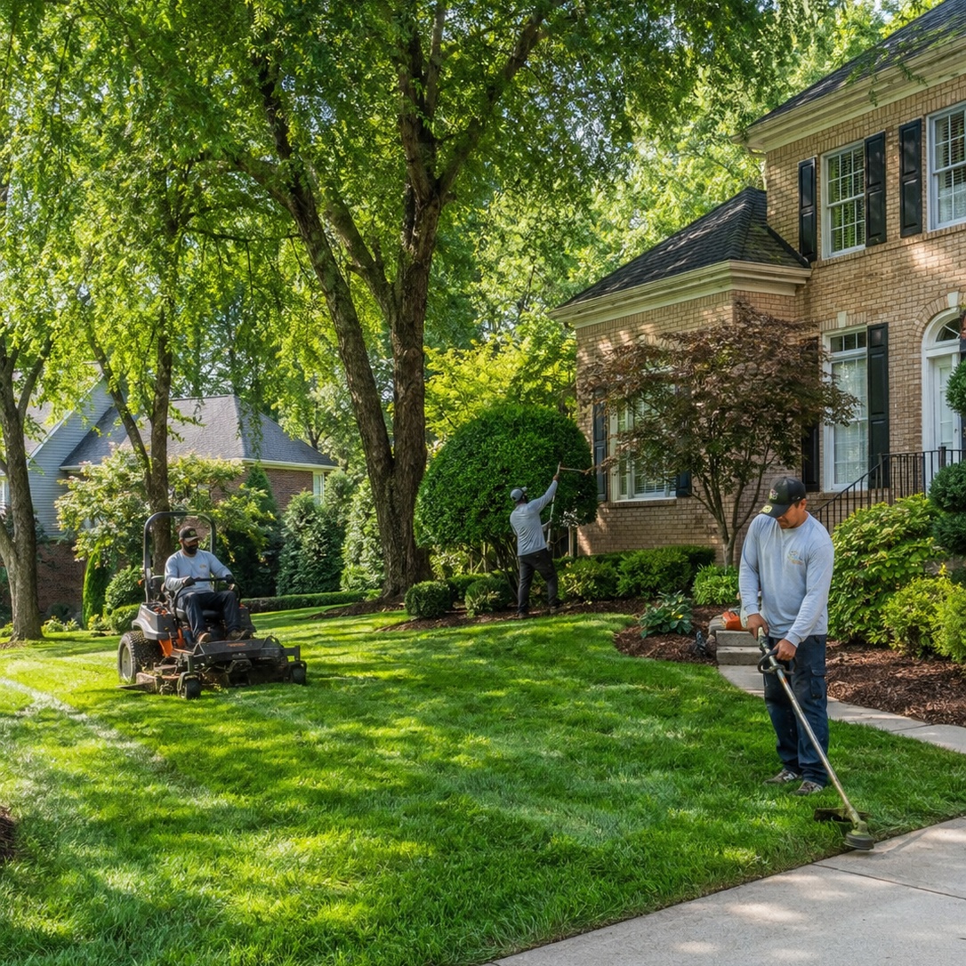 Busy suburban lawn care crew