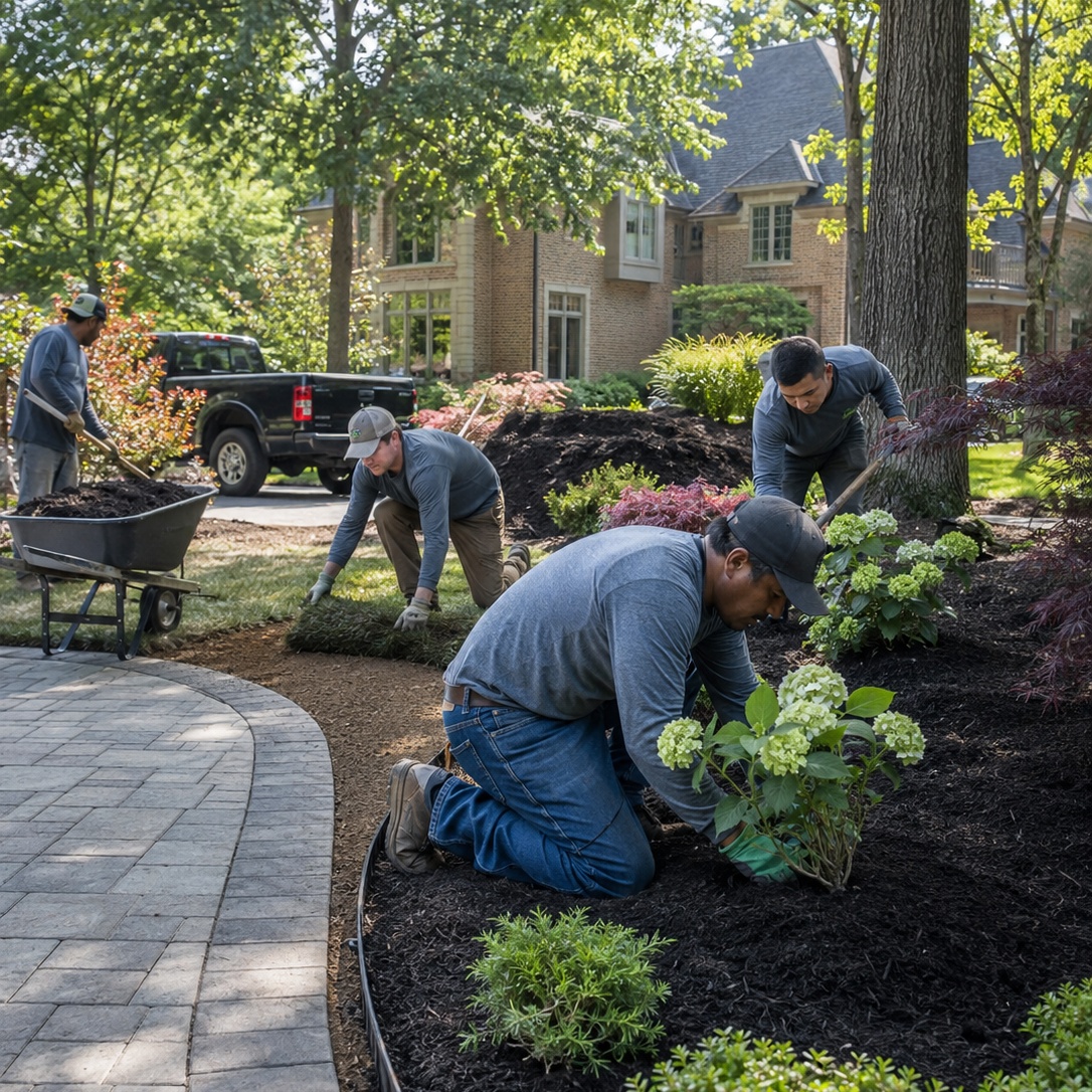 Landscaping work in a suburban yard