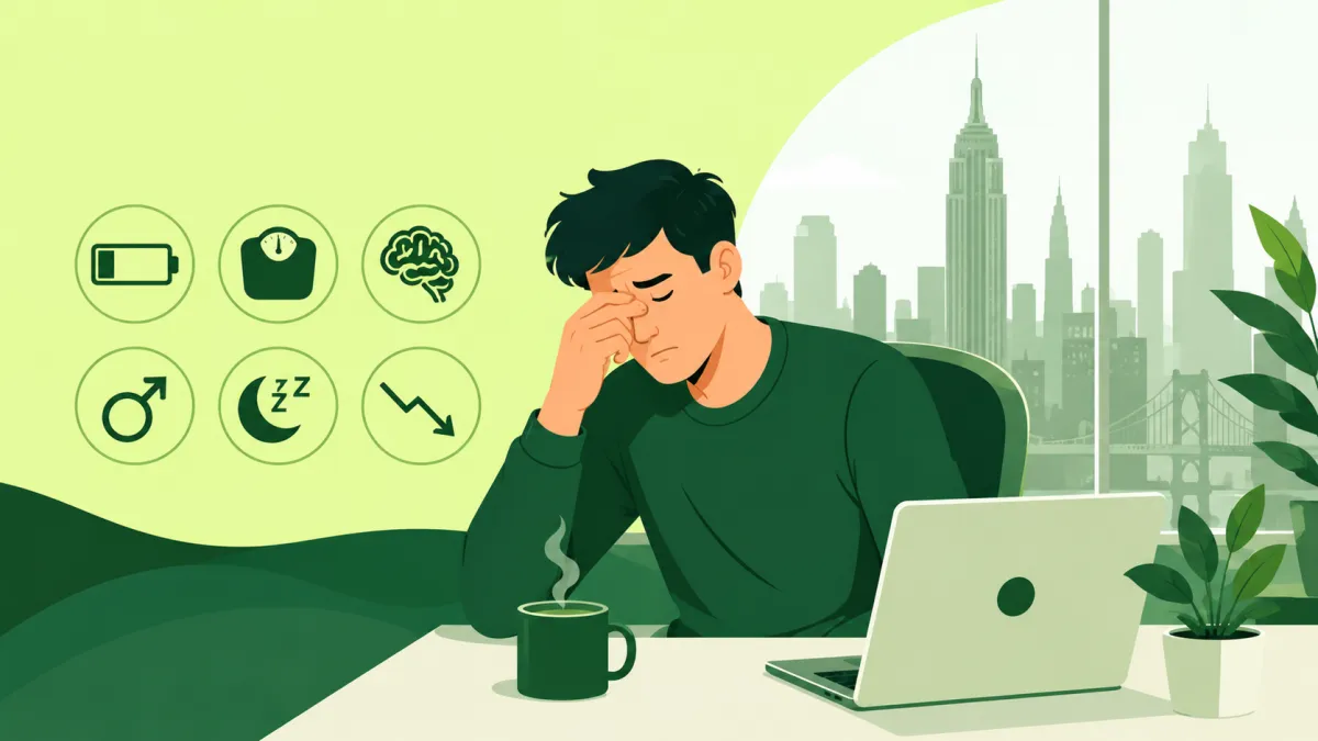 Man experiencing fatigue, low energy, and brain fog while working, representing common symptoms of low testosterone, hormone imbalance, and metabolic health issues.