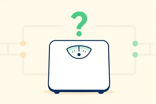 Illustration of a weighing scale with a question mark, representing unexplained weight gain despite eating less—metabolic and hormone causes to consider.