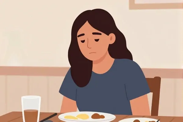 Illustration of a person feeling tired after eating, representing post-meal fatigue and metabolic causes to check.