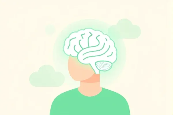 Illustration of a person with a glowing brain and cloud-like shapes, representing brain fog caused by hormone imbalance.