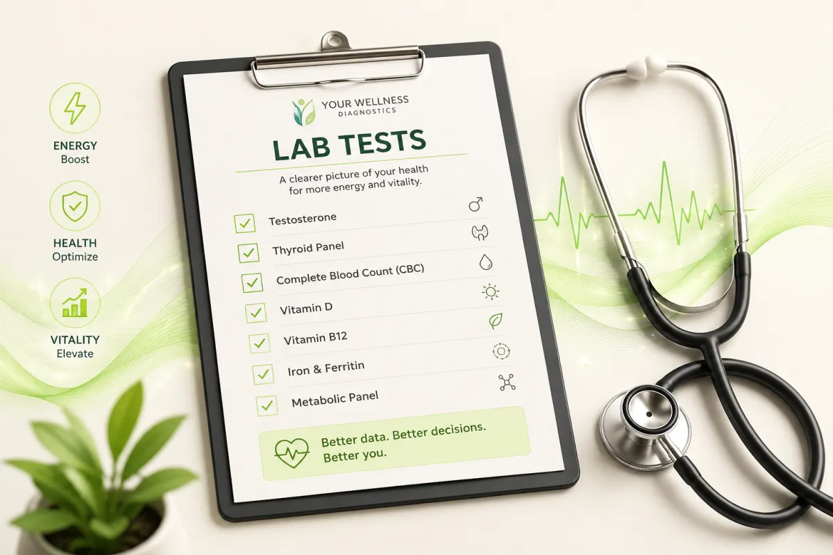 Illustration of a clipboard with lab test checkboxes and a stethoscope, representing the lab tests that should be checked for persistent fatigue.