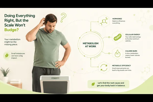 Illustration of a person looking at a scale with a puzzled expression, representing frustration with not losing weight on a calorie deficit.