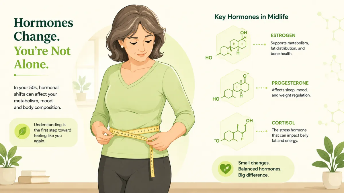 Illustration of a woman with a measuring tape around her waist, representing weight gain during menopause and hormonal changes.