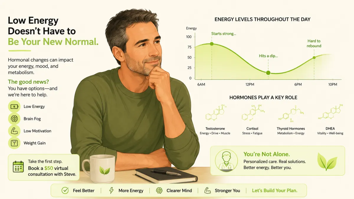 Illustration of a man in his 40s with an energy wave showing a dip, representing low energy causes in men over 40.