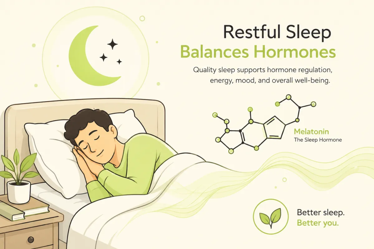 Illustration of a person in bed with a moon symbol and hormone molecules, representing the connection between poor sleep and testosterone levels.