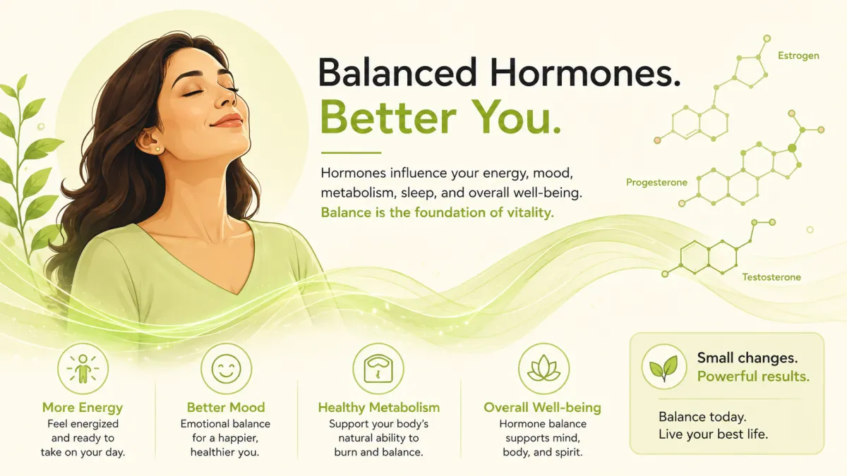 Illustration of a woman with an energy wave and hormone molecules, representing hidden causes of fatigue in women.