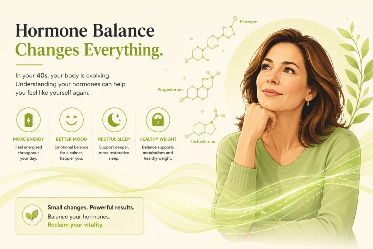 Illustration of a woman in her 40s with an energy wave and hormone molecules, representing low energy causes in women over 40.