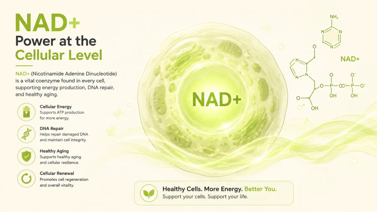 Illustration of a cell with a glowing NAD+ molecule and energy wave, representing NAD+ therapy and cellular energy.
