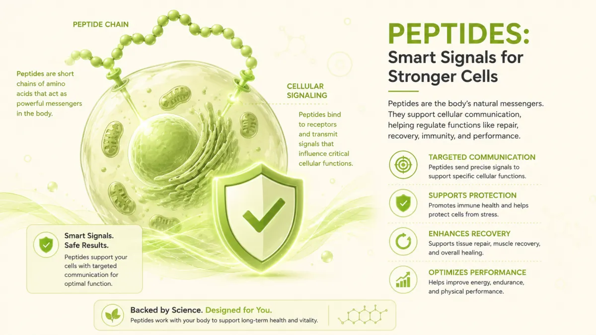Illustration of a cell with peptide chain molecules and a shield, representing peptide therapy and what to know before trying it.
