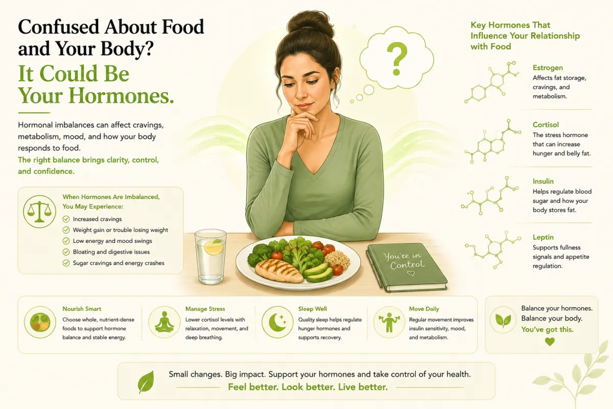 Illustration of a person looking at food with a question mark, representing constant hunger caused by hormonal and metabolic issues.