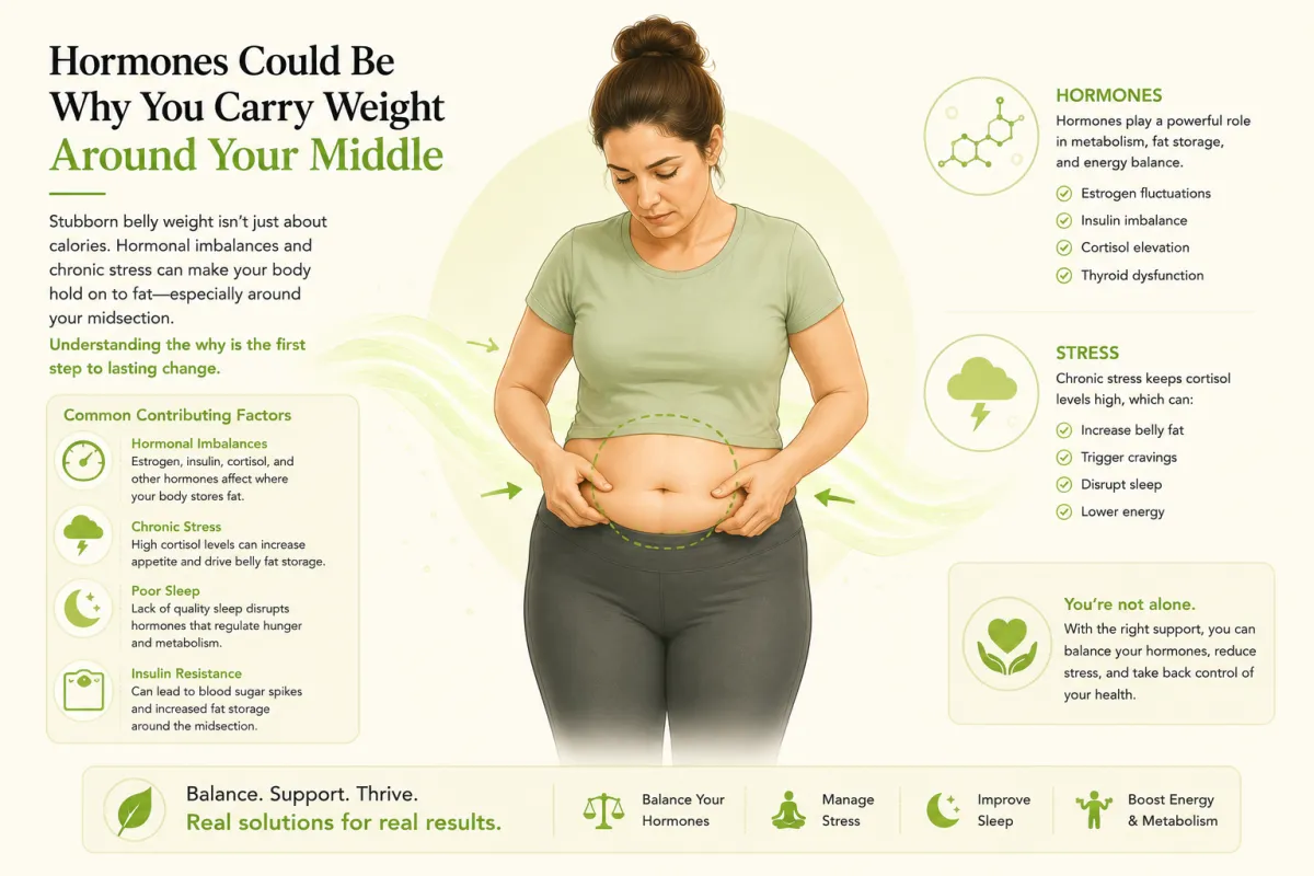 Illustration of a figure with weight concentrated around the midsection, representing abdominal weight gain and its hormonal causes.