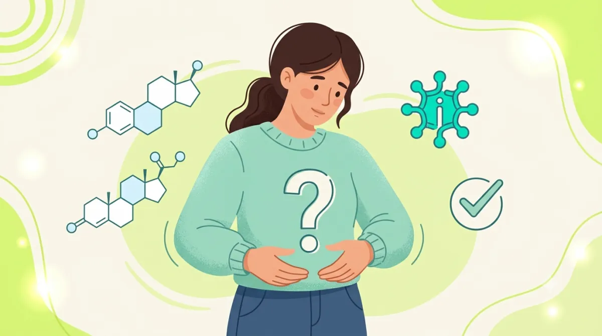 Illustration of a woman with a question mark looking at her midsection, representing unexplained weight gain that could be a sign of PCOS.