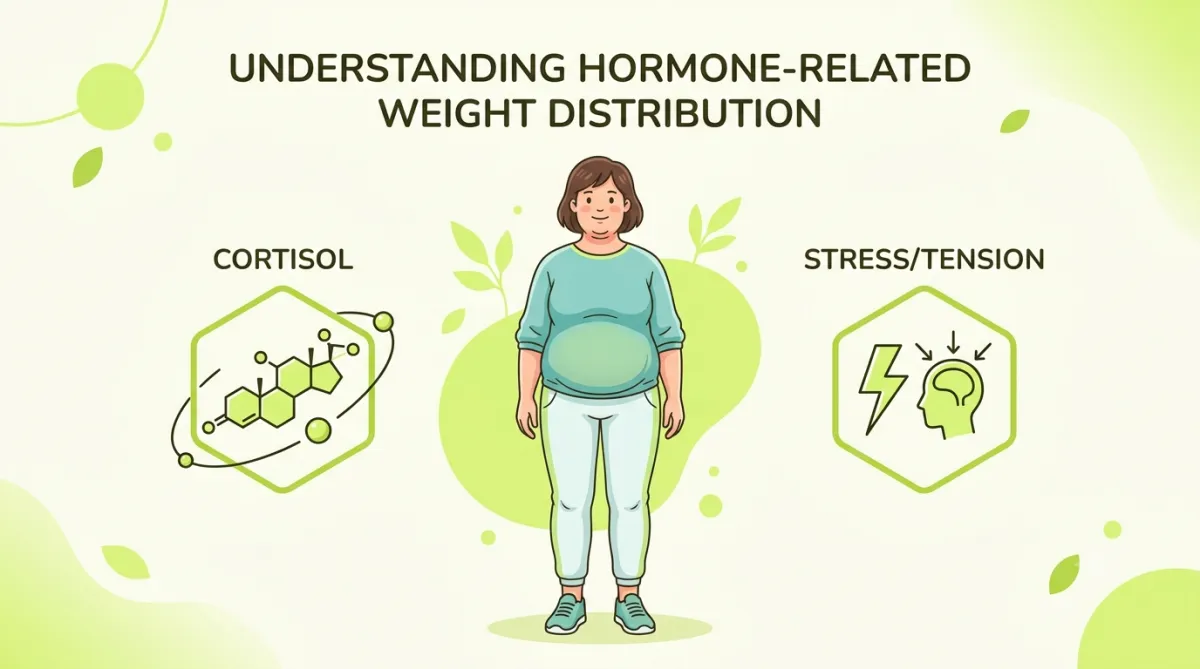 Illustration of a figure with weight concentrated in the face and midsection while arms remain lean, representing hormonal causes of uneven weight distribution.