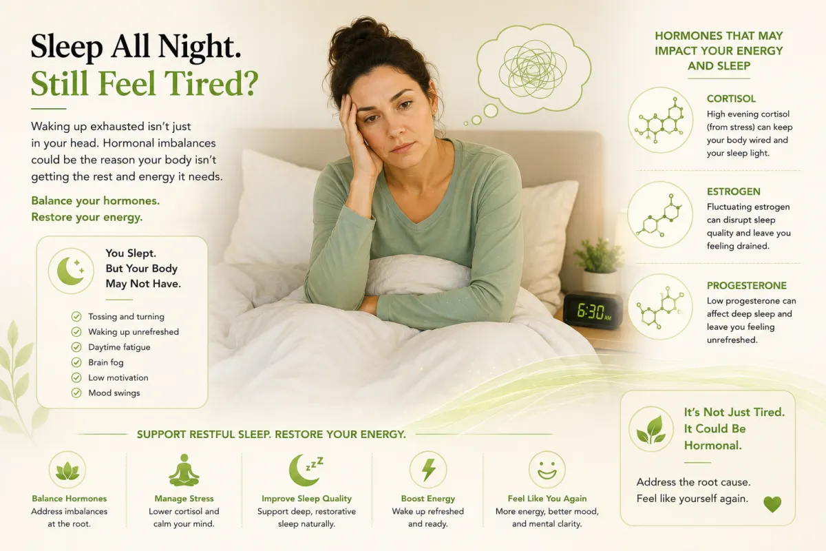 Illustration of a person awake in bed after a full night's sleep, representing fatigue despite adequate sleep due to hormonal and metabolic causes.