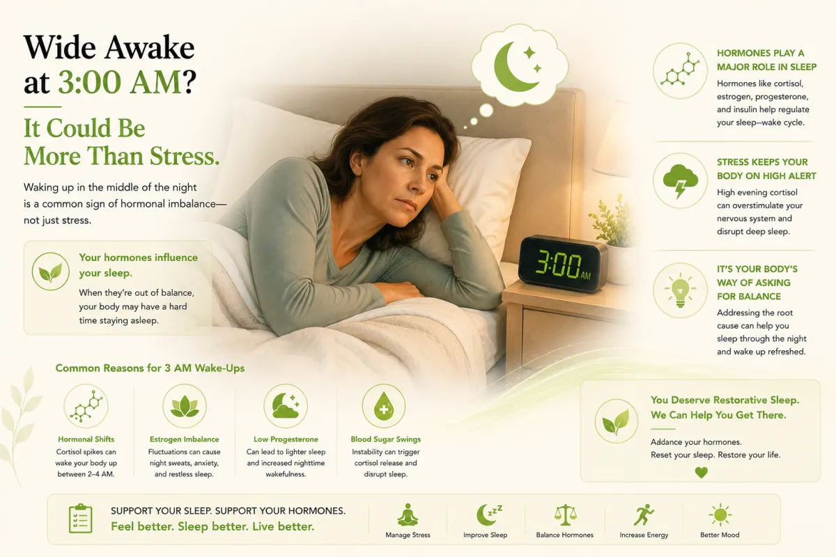 Illustration of a clock at 3:00 AM with a person awake in bed, representing middle-of-the-night waking caused by hormonal and metabolic factors.