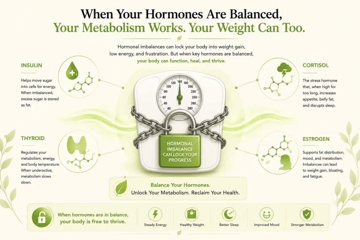 Illustration of a scale with a padlock and hormone molecule icons, representing weight loss resistance caused by hormonal imbalances.