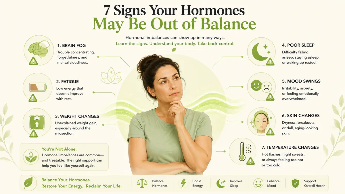 Illustration of a figure with seven warning symbol icons representing common signs of hormone imbalance.