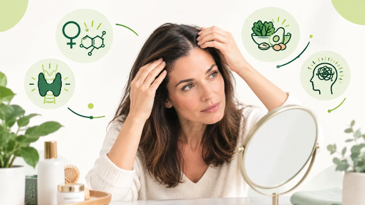 Woman examining thinning hair after 40 with hormonal, thyroid, and nutritional causes