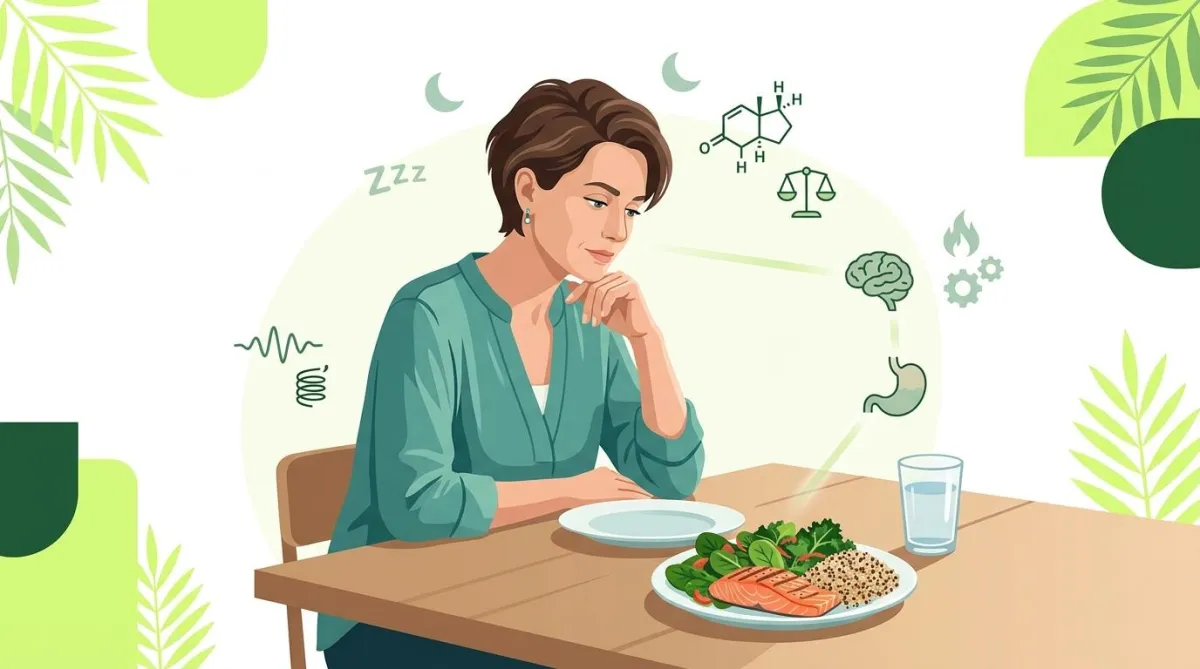 Woman experiencing constant hunger after 40 with visual cues for metabolism hormones sleep and stress