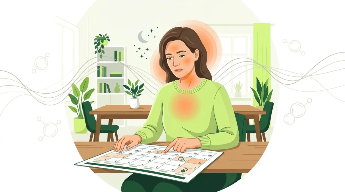 Woman in her 40s experiencing perimenopause anxiety, with visual cues for hormonal changes and sleep disruption.