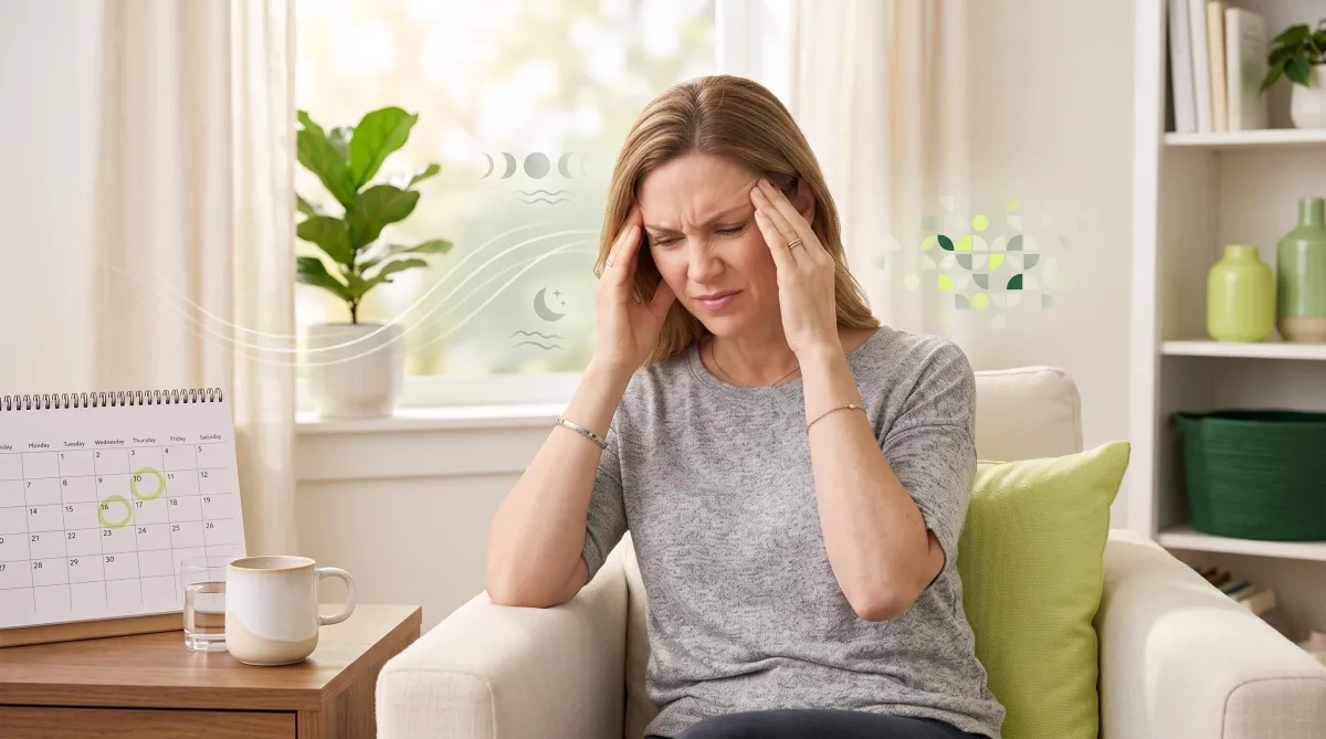 Woman in her 40s experiencing a headache during perimenopause with subtle hormonal and sleep-related visual cues