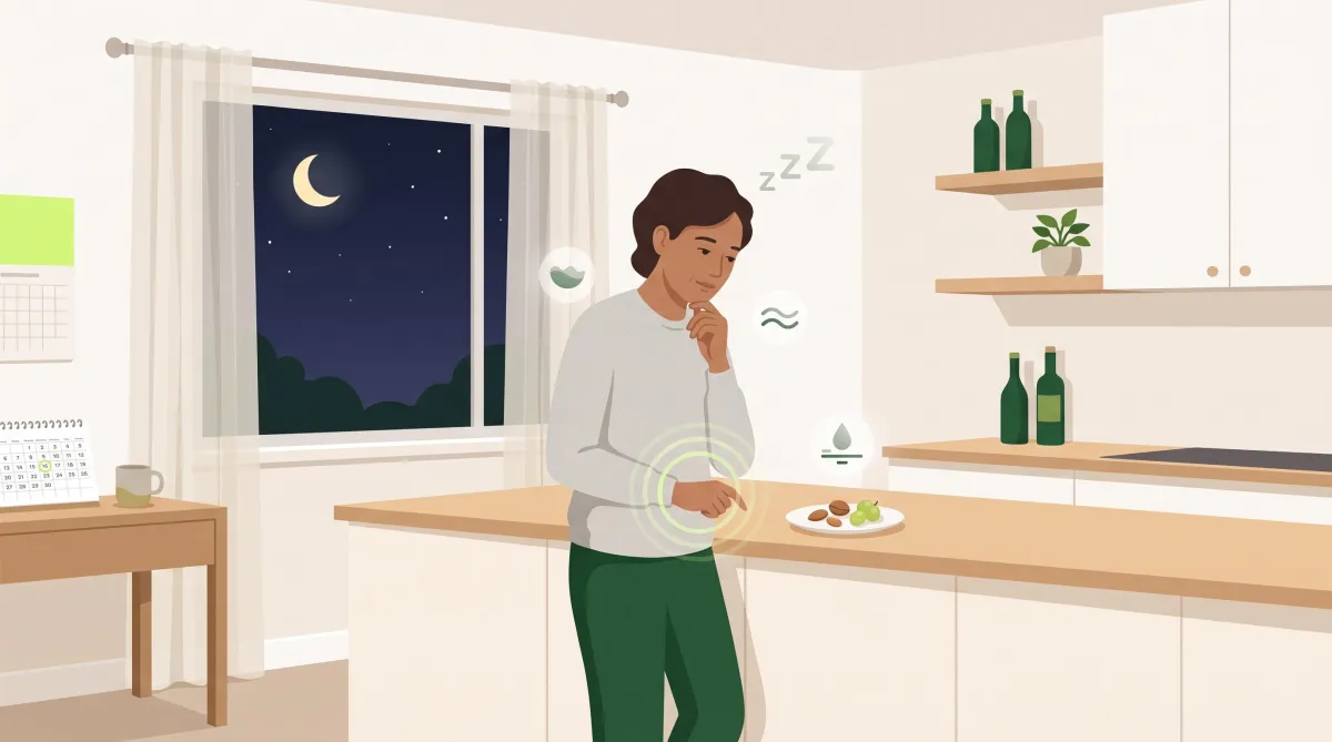 Adult experiencing nighttime hunger with visual cues representing sleep, appetite, stress, and metabolic health