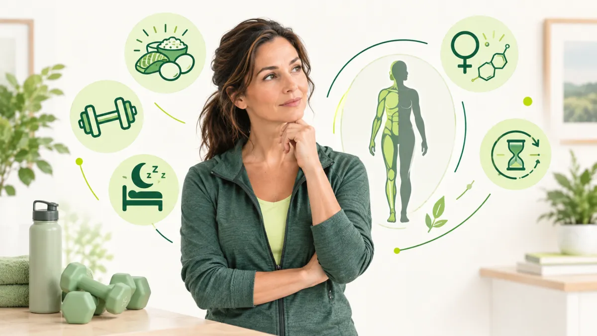 Adult experiencing muscle loss despite exercise with visual cues for strength training, nutrition, sleep, and hormone health