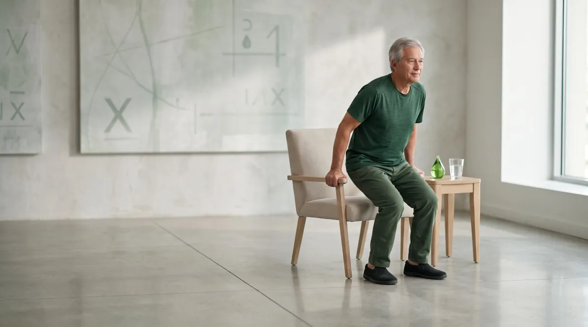 Adult feeling lightheaded after standing up with subtle visual cues for blood pressure, hydration, and circulation