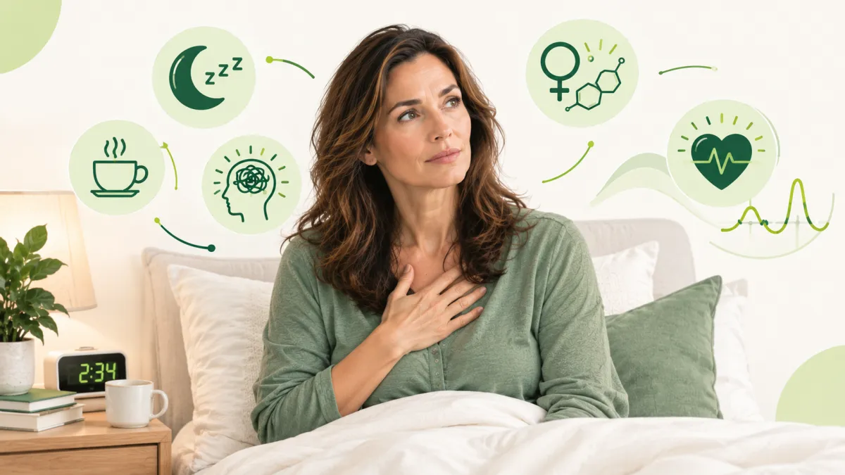 Adult waking at night with a racing heart and subtle visual cues for sleep, stress, hormones, and heart rhythm