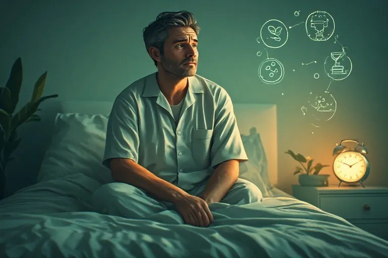 Adult waking at night to urinate, illustrating possible bladder, sleep, and metabolic health factors.