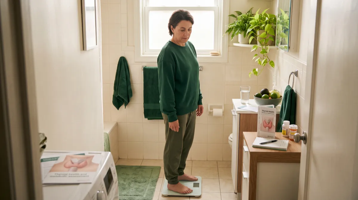 Adult noticing unexpected weight loss, illustrating possible thyroid, metabolic, nutritional, and general health factors.