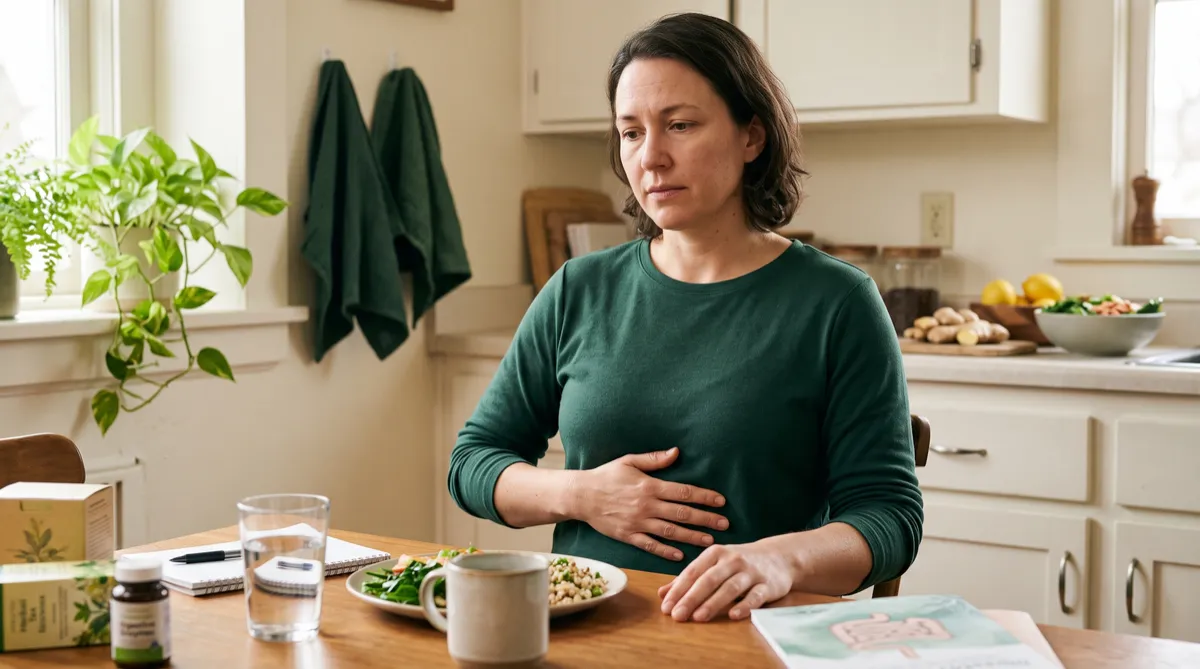 Adult experiencing stomach discomfort during a stressful moment, illustrating the possible connection between anxiety and nausea.
