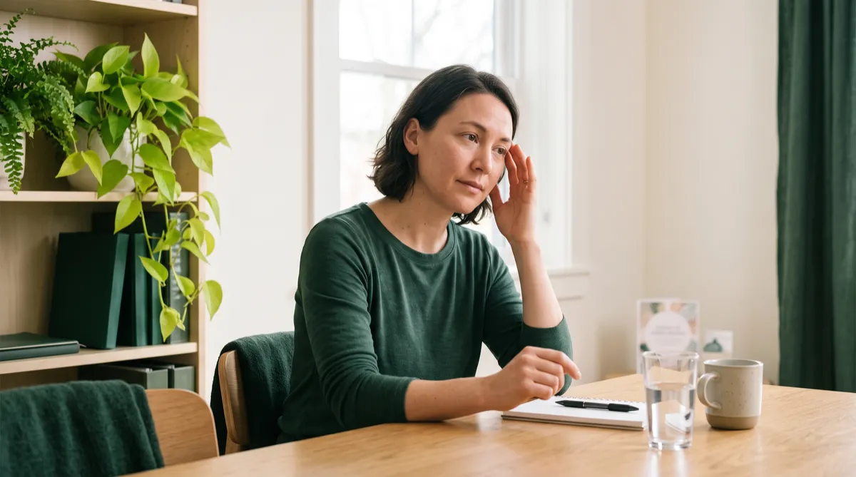 Adult sitting down after feeling lightheaded, illustrating the possible connection between anxiety, stress, and dizziness.
