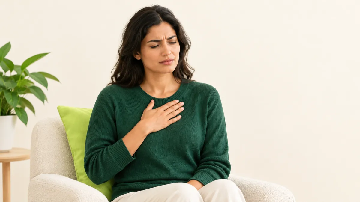 Adult experiencing chest tension while taking a calm breath during a stressful moment, illustrated in a clean healthcare style.