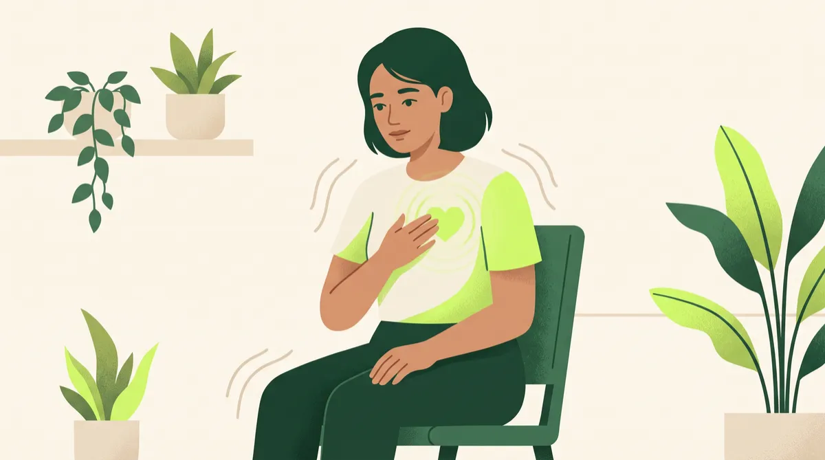 Adult noticing a pounding heartbeat during a stressful moment, illustrated in a clean, reassuring healthcare style.