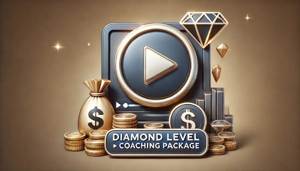 Diamond Level Coaching-Paket-Icon mit Play-Button, Dollarzeichen und Diamanten, das höchste und exklusivste Coaching-Angebot von Gain Freedom für außergewöhnliche finanzielle Erfolge symbolisiert.