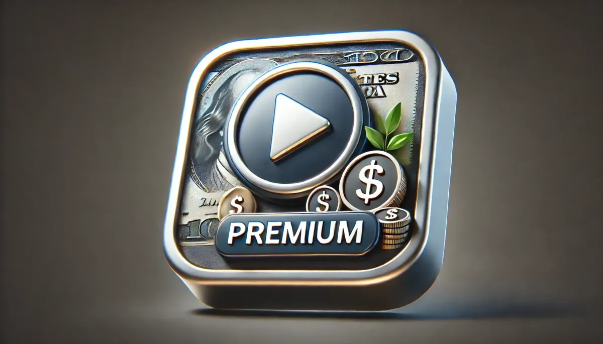 Premium-Mitgliedschafts-Icon mit Dollarsymbolen und einem Play-Button, das exklusive Finanzstrategien und Ressourcen von Gain Freedom repräsentiert.