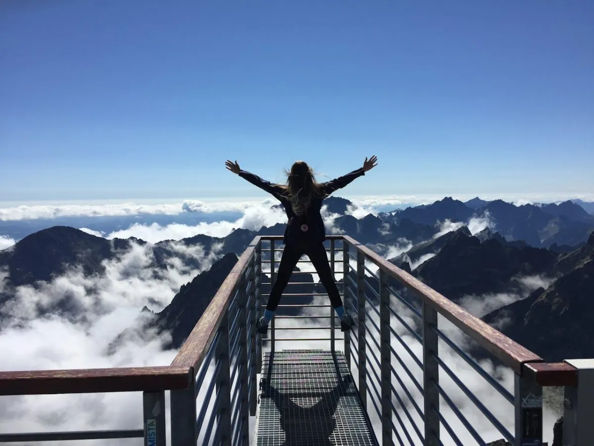 Person steht auf einer Plattform mit erhobenen Armen und genießt Freiheit und Erfolg auf einem Berggipfel, was die Erreichung finanzieller Freiheit mit Gain Freedom symbolisiert.