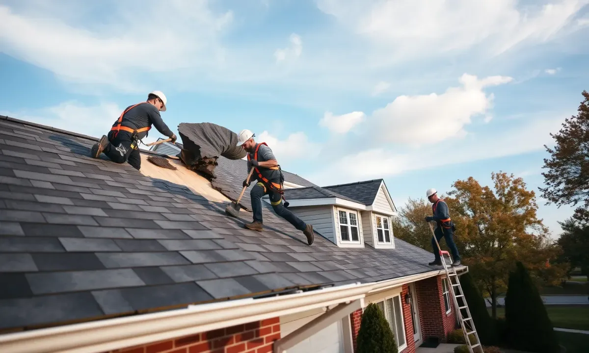 Roofers stripping old shingles to the plywood deck, showing roof overlay vs tear off on a Michigan home
