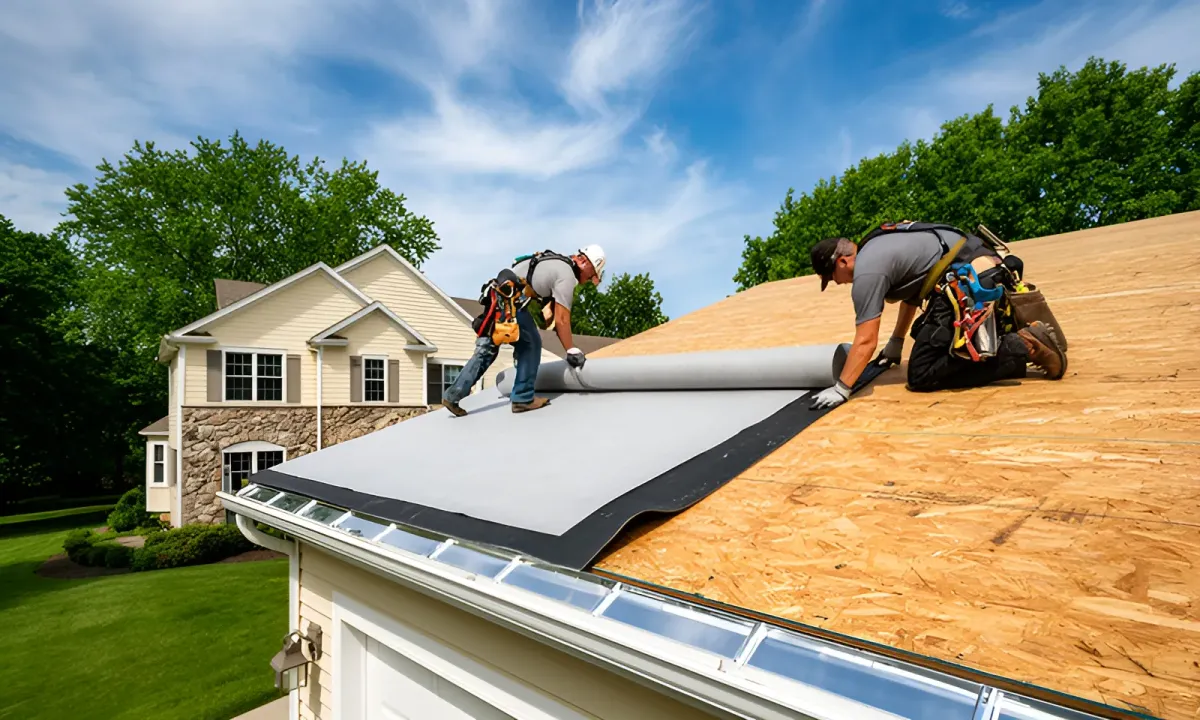Roofers installing synthetic roof underlayment and ice and water shield along the eaves of a Rochester Hills home